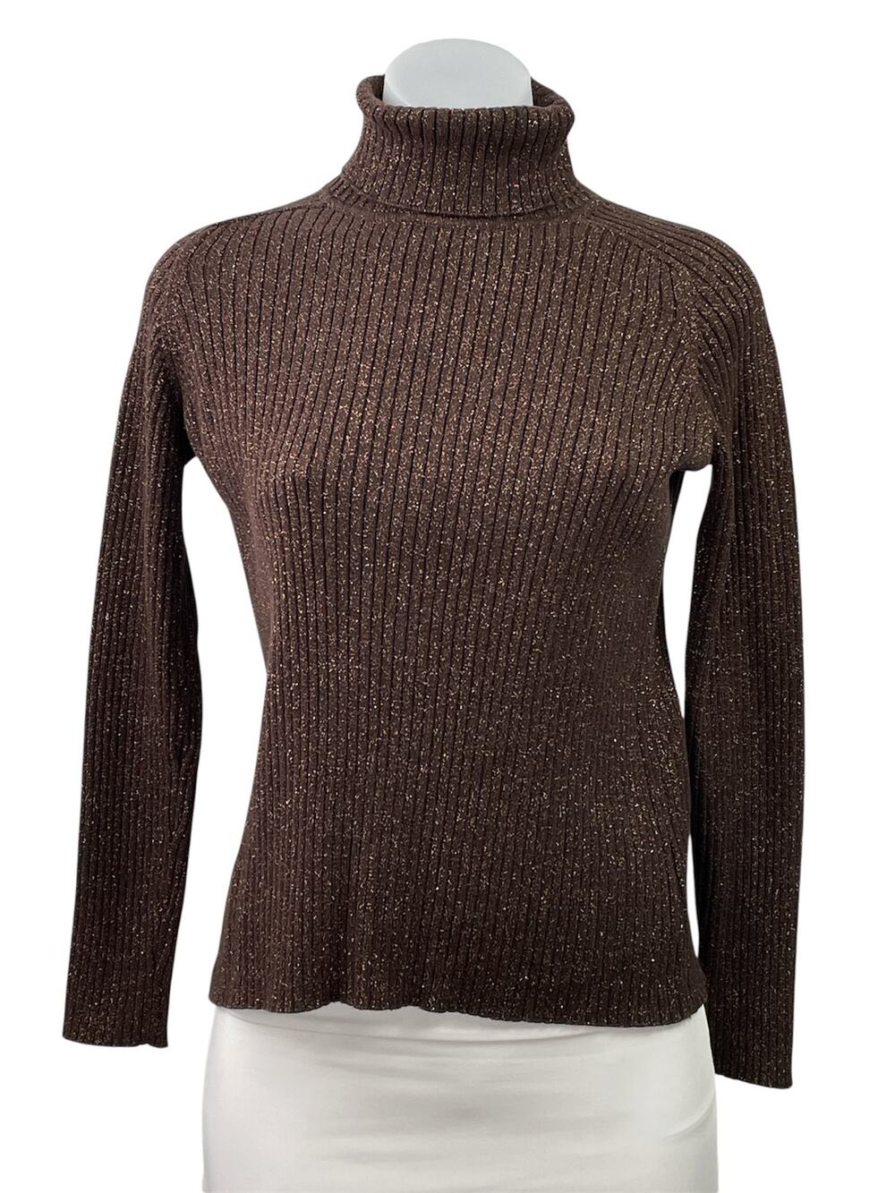 Lord & Taylor Women's Brown Glitter Ribbed Knit Turtleneck Long Sleeve Sweater S